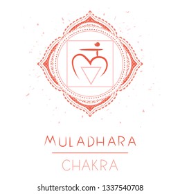 Vector illustration with symbol chakra Muladhara on white background. Circle mandala pattern and hand drawn lettering. 