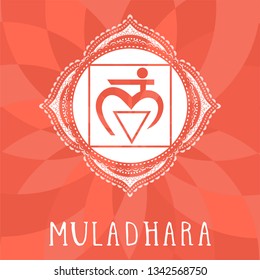 Vector illustration with symbol chakra Muladhara on abstract background. Circle mandala pattern and hand drawn lettering. Multicolor.