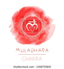 Vector illustration with symbol chakra Muladhara and watercolor element on white background. Circle mandala pattern and hand drawn lettering. Colored.