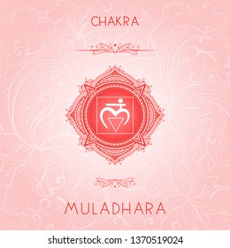 Vector illustration with symbol chakra Muladhara on ornamental background. Round mandala pattern and hand drawn lettering. Colored.
