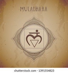 Vector illustration with symbol chakra Muladhara on grunge background. Circle mandala pattern and hand drawn lettering. 