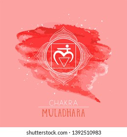 Vector illustration with symbol chakra Muladhara on watercolor background. Circle mandala pattern and hand drawn lettering. Multicolor.