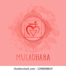 Vector illustration with symbol chakra Muladhara on watercolor background.