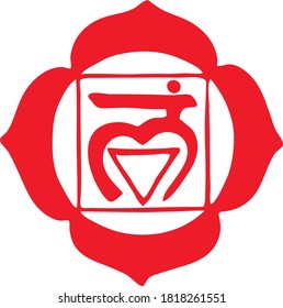 Vektorgrafik mit Symbol chakra Muladhara. Hand ziehen Sie rote Chakra. Yoga-Plakate-Set. Freehand Chakra Muladhara Symbol
