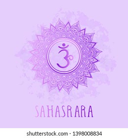 Vector illustration with symbol chakra Sahasrara on watercolor background. 