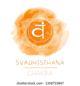 Vector illustration with symbol chakra Svadhishana and watercolor element on white background. Circle mandala pattern and hand drawn lettering. Colored.