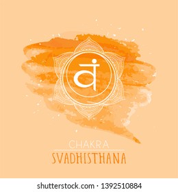 Vector illustration with symbol chakra Svadhishana on watercolor background. Circle mandala pattern and hand drawn lettering. Colored.