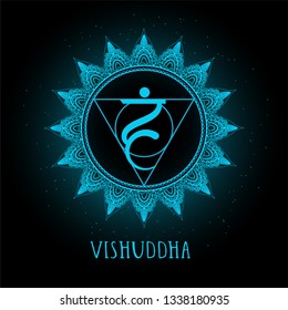 Vector illustration with symbol chakra Vishuddha on black background. Round mandala pattern and hand drawn lettering. Colored.