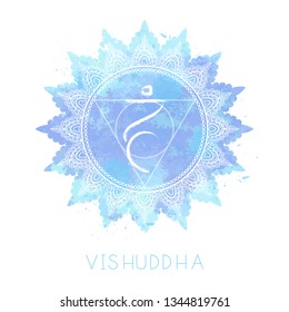 Vector illustration with symbol chakra Vishuddha and watercolor element on white background. Circle mandala pattern and hand drawn lettering. Colored.