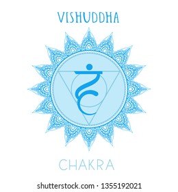Vector illustration with symbol chakra Vishuddha on white background. Circle mandala pattern and hand drawn lettering. 