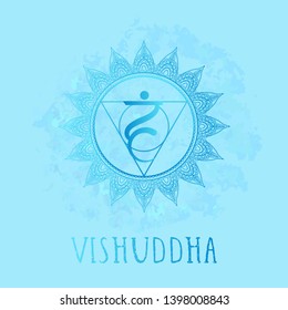 Vector illustration with symbol chakra Vishuddha on watercolor background. 