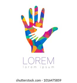 Vector illustration. Symbol of Charity. Sign hand isolated on white background.Rainbow color Icon company, web, card, print. Modern bright element. orphans Help kids campaign. Family children.