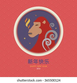 Vector illustration with the symbol of the Chinese New Year - fiery monkey. Red background with oriental pattern and a simple text in Chinese. Red-haired monkey with a fire, sparks and smoke.