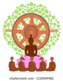 vector illustration symbol of Dharma Day Asalha Puja.This day to honor Buddha’s first sermon after the Lord Buddha obtained Enlightenment. Dharma wheel and Bodhi Tree. On white background