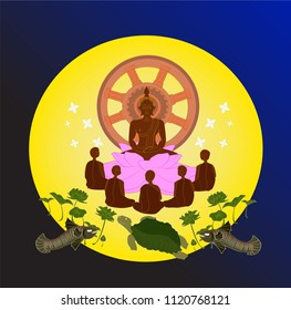 vector illustration symbol of Dharma Day.The Buddha compared people to the lotus and Buddha’s first sermon after the Lord Buddha obtained Enlightenment. The First Turning Dhamma Wheel, Dhammacakkappav