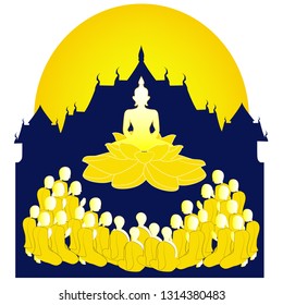 vector illustration symbol of Dharma Day , Magha Puja Day . Buddhist monks came to pay homage to Lord Buddha all of them were Arahantas on the full moon day of the third lunar month.