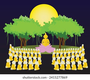 vector illustration symbol of Dharma Day , Magha Puja Day . Buddhist monks came to pay homage to Lord Buddha all of them were Arahantas on the full moon day of the third lunar month.