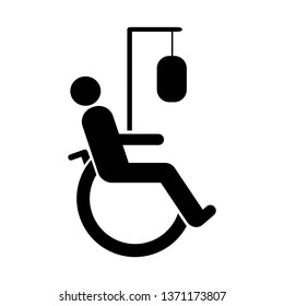 Vector illustration symbol for disabled people or patients sitting on a wheelchair with a cane and Stand of infusion apparatus on a white background