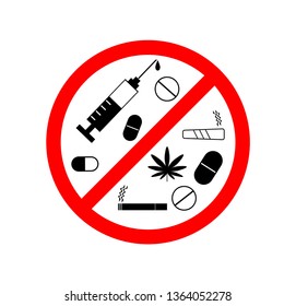 The vector illustration of the symbol does not allow drugs, do not use all kinds of drugs such as marijuana, cigarettes, drugs, amphetamine, heroin, etc.