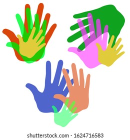 Vector illustration of symbol of family mother, father and child prints of the palm and fingers of the hands colored different bright colors