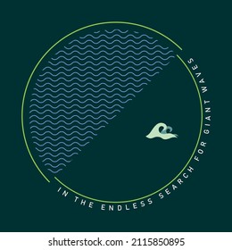 Vector illustration of a symbol with graphic waves and surfing text.