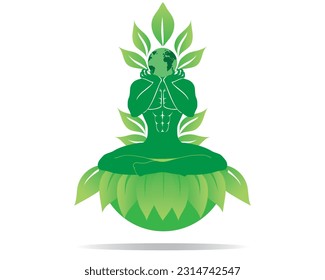 vector illustration of the symbol of a green man holding a globe on his face and surrounded by light green leaves and sitting on a semicircle of leaves as an illustration of concern for the environmen