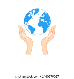 Vector illustration symbol hands hold the earth. Eco sign with our globe design for poster or web page.