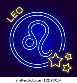 Vector illustration of symbol of leo in double circle with stars. neon zodiac sign on the brick wall. blue and yellow glowing.