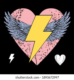 Vector illustration of the symbol of the lightning with wings on a pink heart. Design for t-shirts or posters.