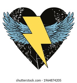 Vector illustration of the symbol of the lightning with wings on a black heart. Design for t-shirts, stickers or posters. 