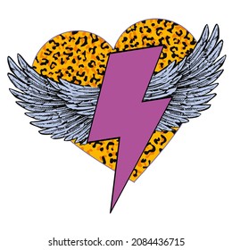 Vector illustration of the symbol of the lightning with wings on a animal print heart. Design for t-shirts, stickers or posters.	