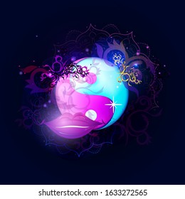 Vector illustration of a symbol of male and female beginnings. Chinese philosophy. Yin Yang, Chinese characters (Written in Chinese Yin Yang)