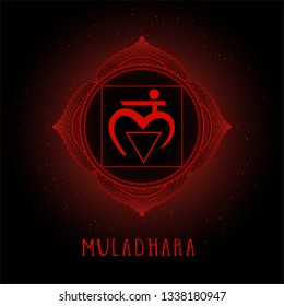 Vector illustration with symbol Muladhara - Root chakra on black background. Round mandala pattern and hand drawn lettering. Colored.