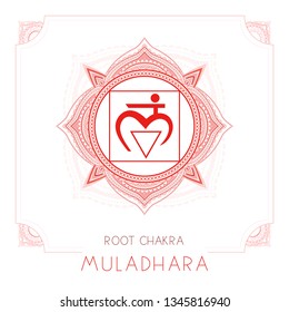 Vector illustration with symbol Muladhara - Root chakra and decorative frame on white background. Round mandala pattern and hand drawn lettering. Colored.