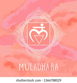 Vector illustration with symbol Muladhara - Root chakra on watercolor background. Circle mandala pattern and hand drawn lettering. Multicolor.