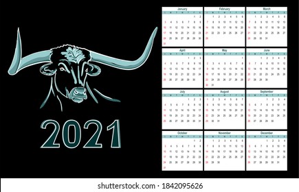 Vector illustration of the symbol of the new 2021. Silhouette of a bulls muzzle with long horns in blue and turquoise colors. Hand drawn animal sketch and calendar