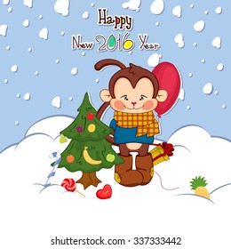Vector illustration symbol of new year, monkey boots have a dressed Christmas tree in the snow.