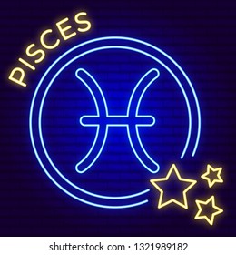 Vector illustration of symbol of pisces in double circle with stars. neon zodiac sign on the brick wall. blue and yellow glowing.