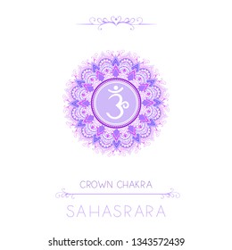 Vector illustration with symbol Sahasrara - Crown chakra and decorative elements on white background. Round mandala pattern and hand drawn lettering. Colored.