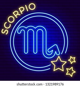Vector illustration of symbol of scorpio in double circle with stars. neon zodiac sign on the brick wall. blue and yellow glowing.