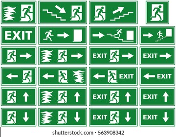 vector illustration symbol set - emergency exit sign / fire alarm plate. White silhouettes on green background of a person / man running away from flames towards an exit door during a fire emergency.