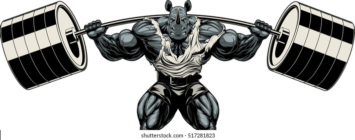 Vector illustration, symbol of a strong bodybuilder rhinoceros squats with a barbell on a white background
