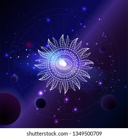 Vector illustration of symbol Sun against the space background with planets and stars. Abstract geometric sign drawn in lines. Multicolored. 