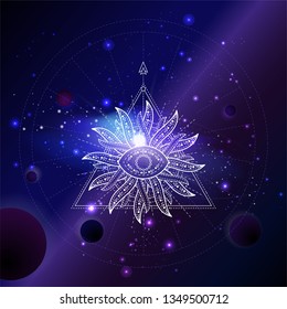 Vector illustration of symbol Sun against the space background with planets and stars. Abstract geometric sign drawn in lines. Multicolored. 
