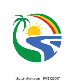 Ilustración vectorial con sol, arco iris, playa de mar tropical