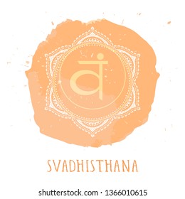 Vector illustration with symbol Svadhishana - Sacral chakra and watercolor element on white background. Circle mandala pattern and hand drawn lettering. Colored.