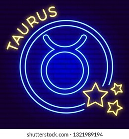 Vector illustration of symbol of taurus in double circle with stars. neon zodiac sign on the brick wall. blue and yellow glowing.