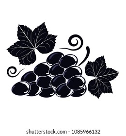 Vector illustration symbol of a Vine with black grapes and green leaves on white isolated background.