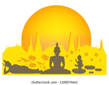 vector illustration symbol of Visakha Bucha Day - The Buddha’s Birth, The Enlightenment of Buddha and The Nibbana This day is most important memorial day in Buddhism for the Lord Buddha.