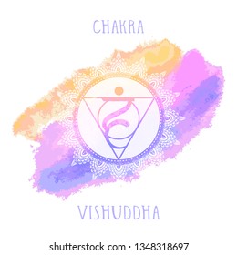 Vector illustration with symbol Vishuddha - Throat chakra and watercolor element on white background. Circle mandala pattern and hand drawn lettering. Colored.